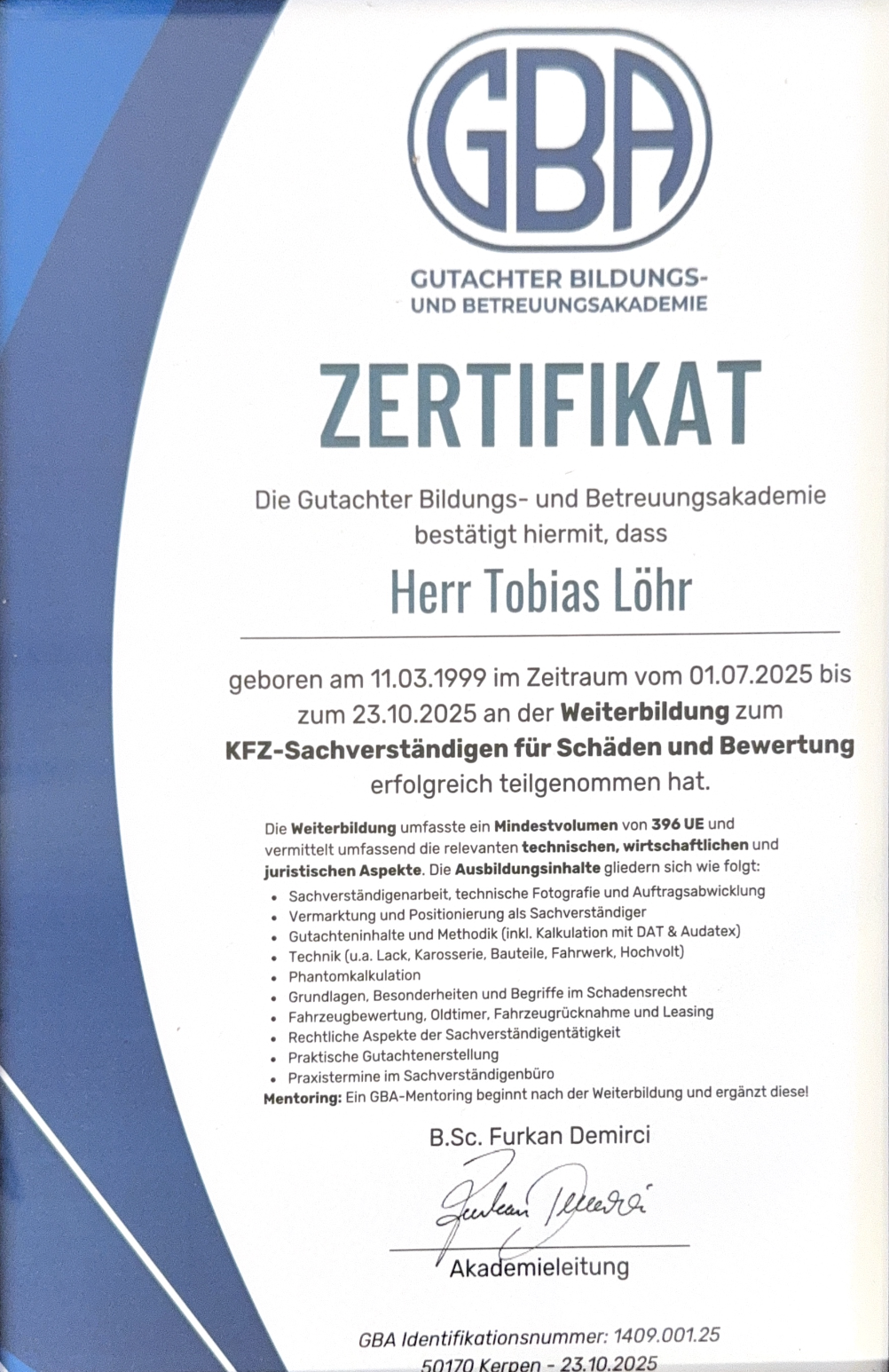 GBA Zertifikat: Weiterbildung zum KFZ-Sachverständigen für Schäden und Bewertung