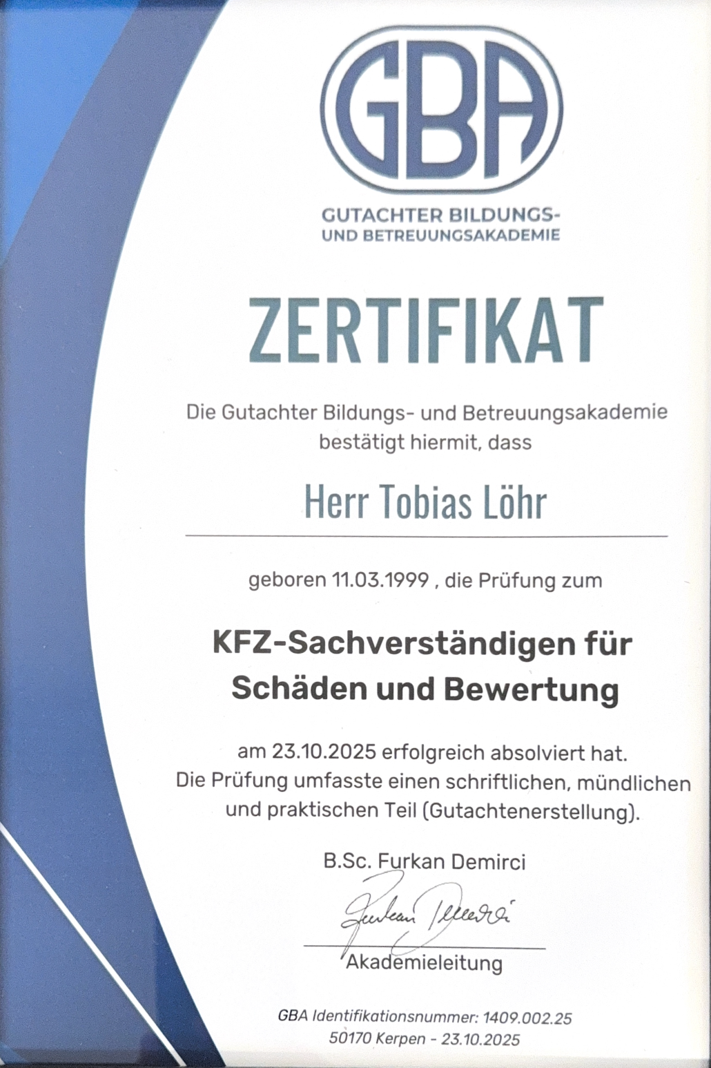 GBA Zertifikat: Prüfung zum KFZ-Sachverständigen für Schäden und Bewertung