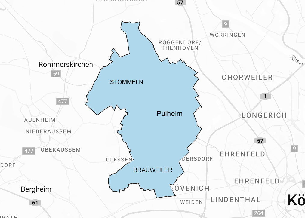 Karte des Einsatzgebiets Pulheim mit Stommeln, Brauweiler und Umgebung